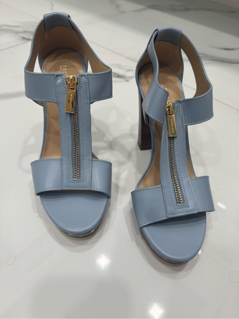 Michael Kors Sky Blue Leather Zip-Front High Heel Sandals